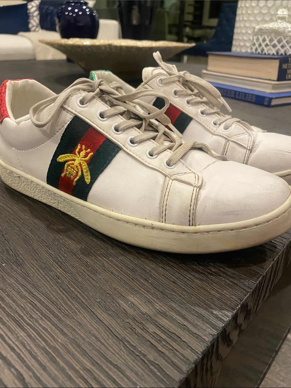 Gucci White Leather Sneakers with Red & Green Accents and Bee Embroidery